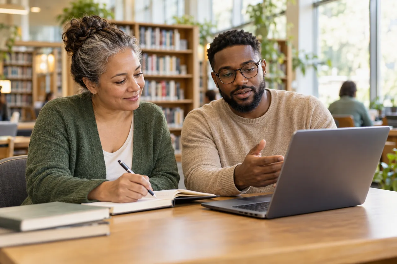 Illustrative scene of adults learning together at a laptop