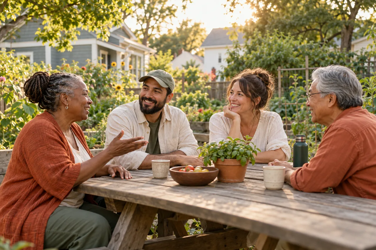 Illustrative scene of neighbors talking around a garden table