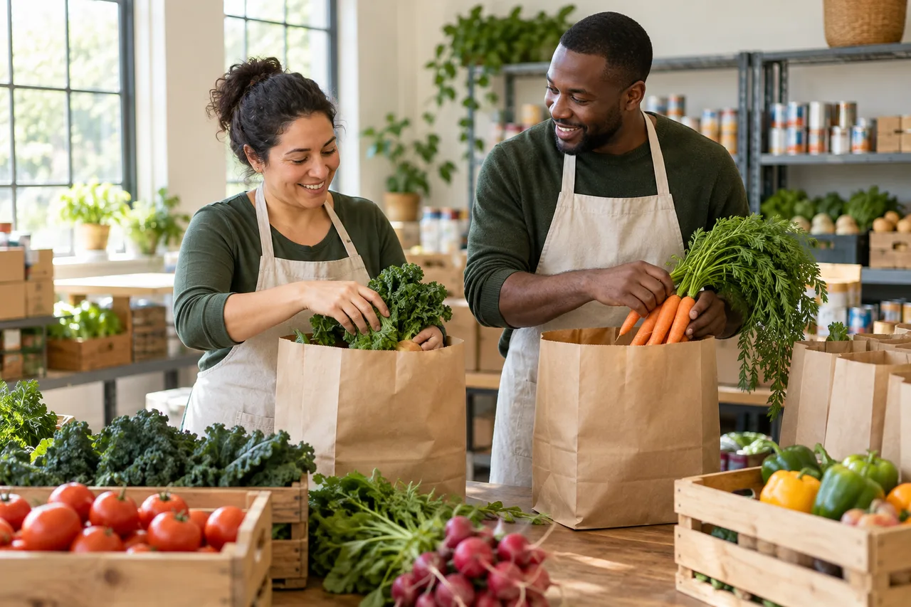 Illustrative scene of volunteers arranging vegetables in grocery bags